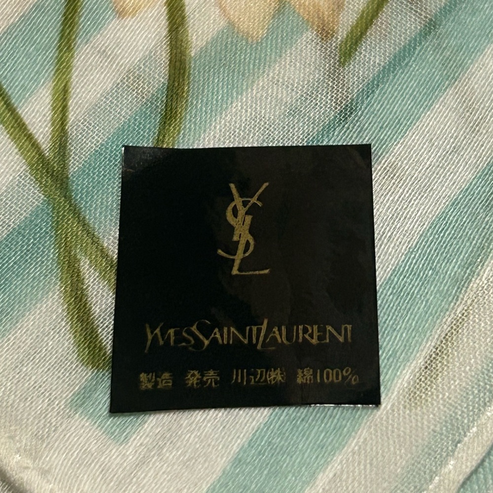 Yves Saint Laurent Vintage Mint & White Striped Floral Cotton Handkerchief Scarf - Picture 12 of 12